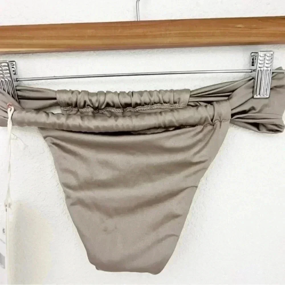 NWT Good American Mink‎ Shine Satin Ruched High Rise Bikini Bottoms, Size XS